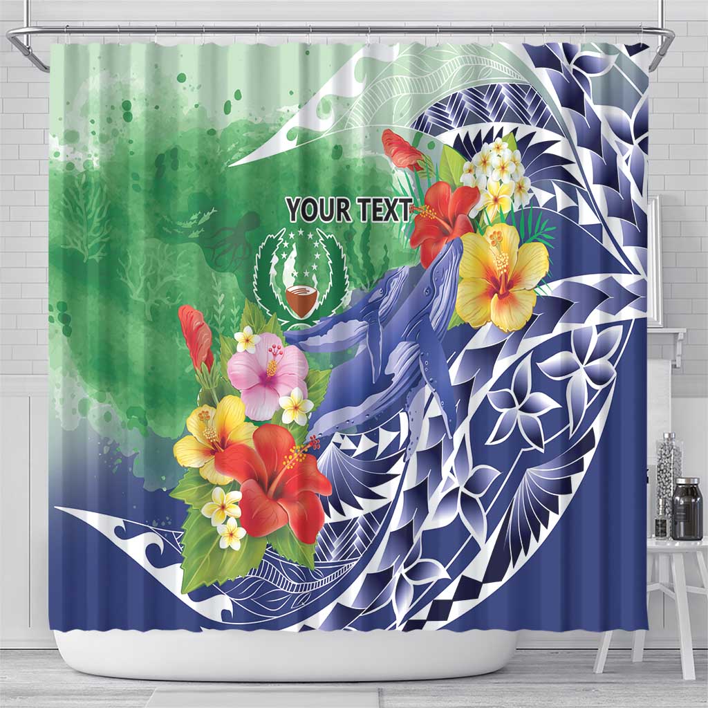 Personalised Pohnpei States Humpback Whale Shower Curtain Polynesian Tropical Flowers