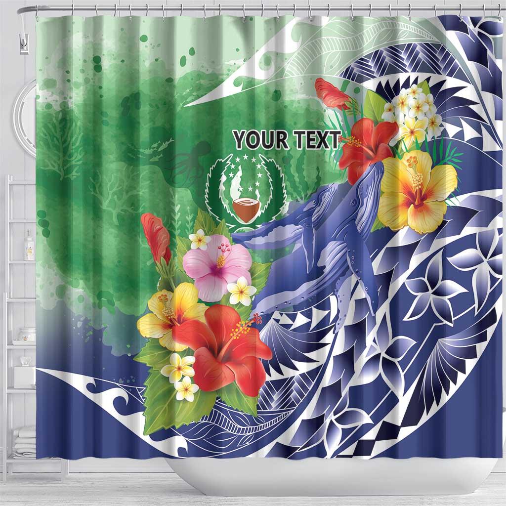 Personalised Pohnpei States Humpback Whale Shower Curtain Polynesian Tropical Flowers