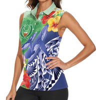 Personalised Pohnpei States Humpback Whale Women Sleeveless Polo Shirt Polynesian Tropical Flowers