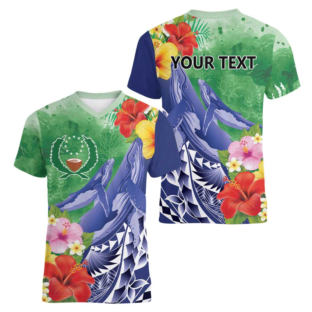 Personalised Pohnpei States Humpback Whale Women V-Neck T-Shirt Polynesian Tropical Flowers