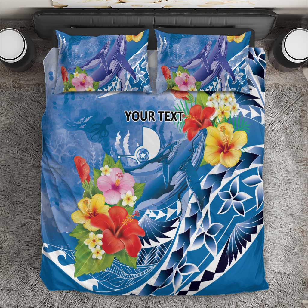 Personalised Yap States Humpback Whale Bedding Set Polynesian Tropical Flowers LT9 Blue - Polynesian Pride