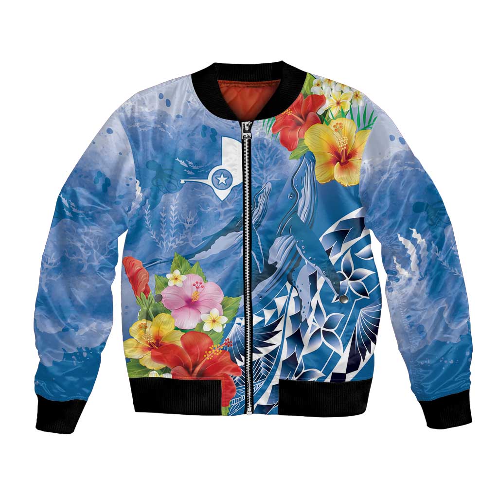 Personalised Yap States Humpback Whale Bomber Jacket Polynesian Tropical Flowers LT9 Unisex Blue - Polynesian Pride