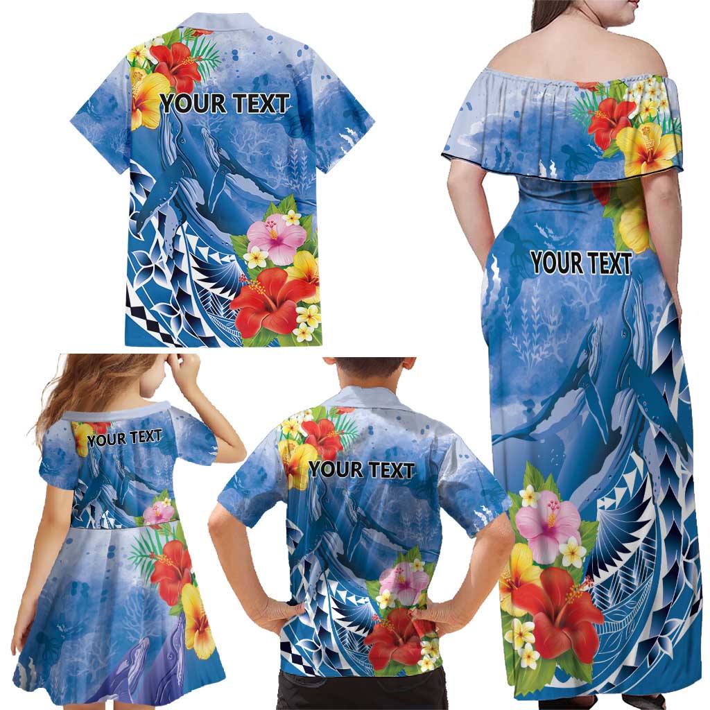 Personalised Yap States Humpback Whale Family Matching Off Shoulder Maxi Dress and Hawaiian Shirt Polynesian Tropical Flowers