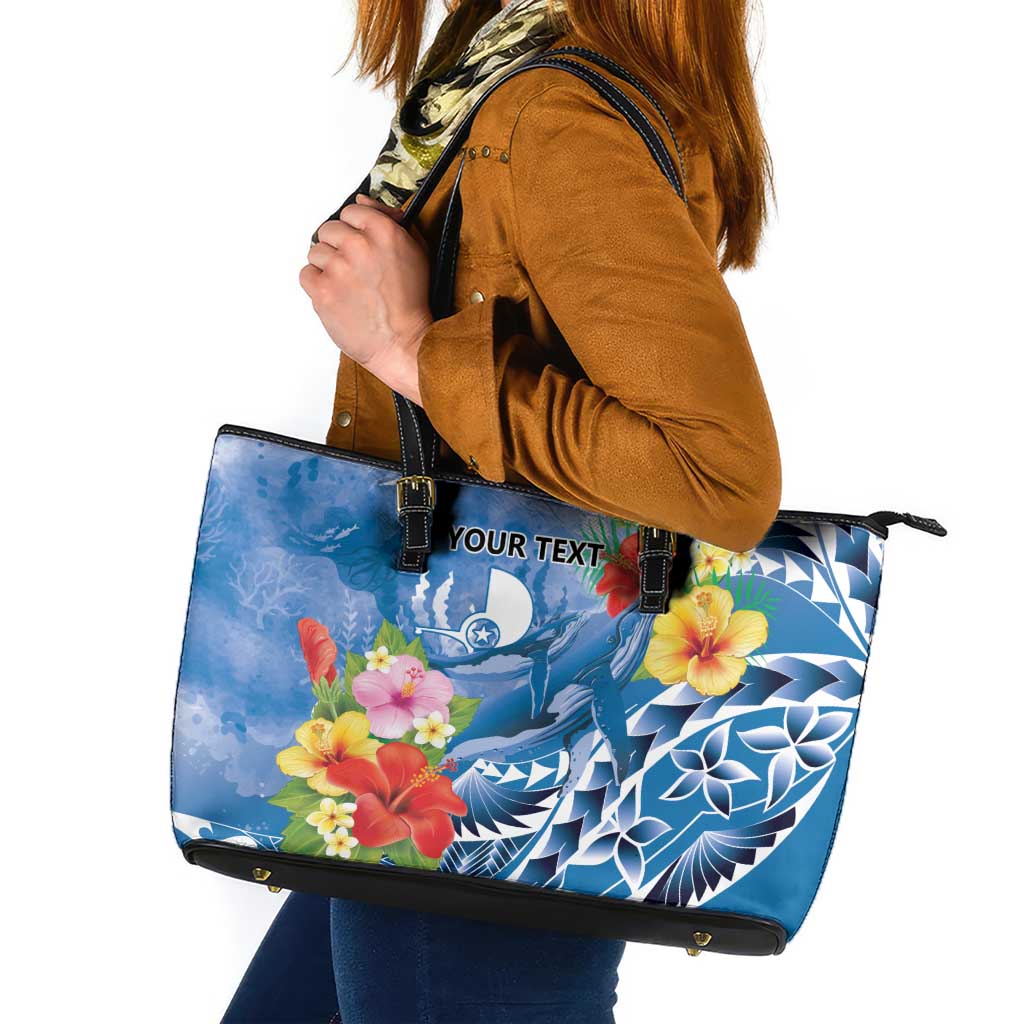 Personalised Yap States Humpback Whale Leather Tote Bag Polynesian Tropical Flowers LT9 Blue - Polynesian Pride