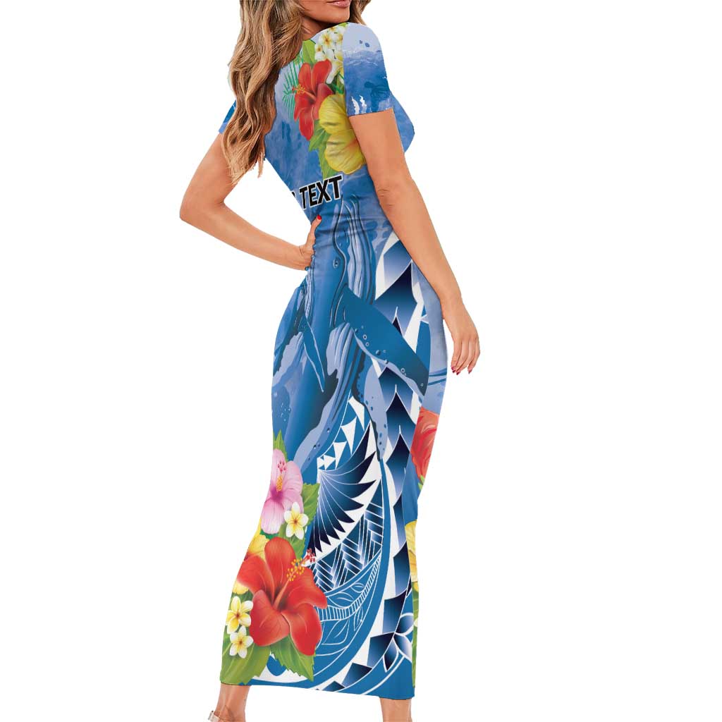 Personalised Yap States Humpback Whale Short Sleeve Bodycon Dress Polynesian Tropical Flowers