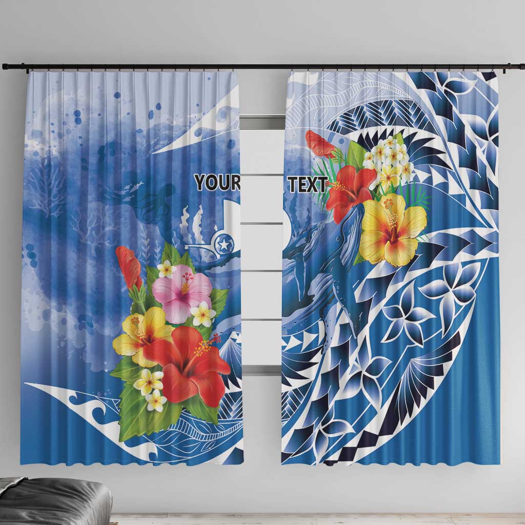 Personalised Yap States Humpback Whale Window Curtain Polynesian Tropical Flowers LT9 With Hooks Blue - Polynesian Pride