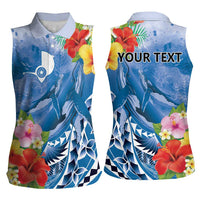 Personalised Yap States Humpback Whale Women Sleeveless Polo Shirt Polynesian Tropical Flowers