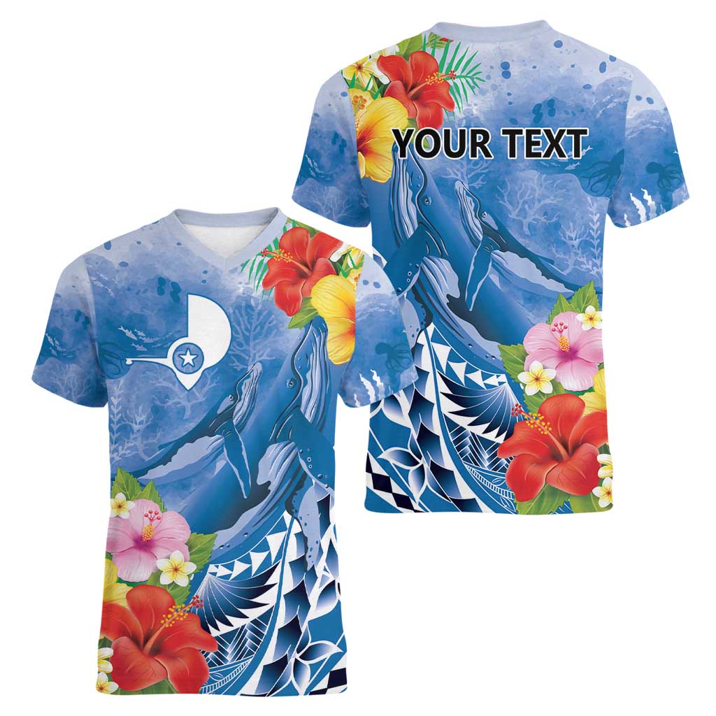 Personalised Yap States Humpback Whale Women V-Neck T-Shirt Polynesian Tropical Flowers