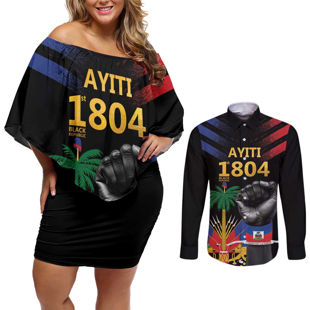 Haiti Independence Day Couples Matching Off Shoulder Short Dress and Long Sleeve Button Shirt The First Black Republic Since 1804