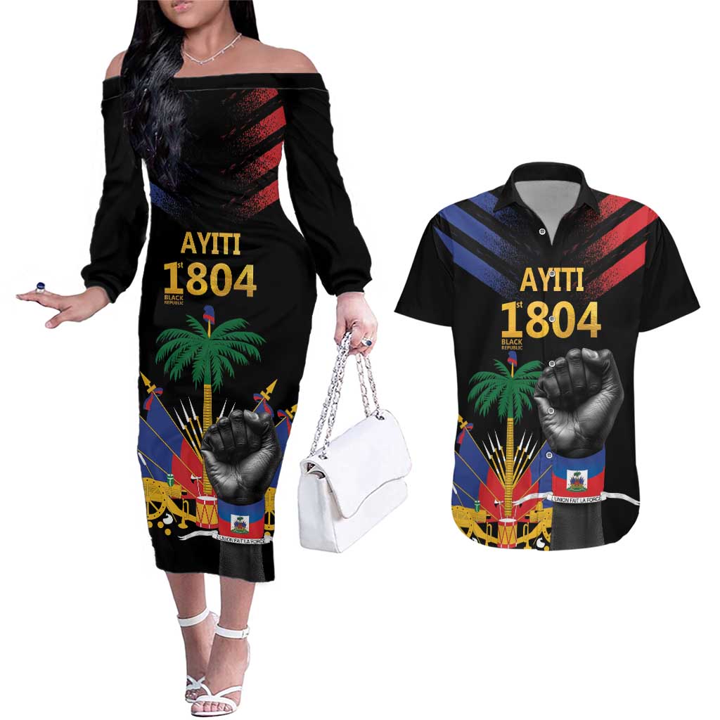 Haiti Independence Day Couples Matching Off The Shoulder Long Sleeve Dress and Hawaiian Shirt The First Black Republic Since 1804 LT9 Blakc - Polynesian Pride