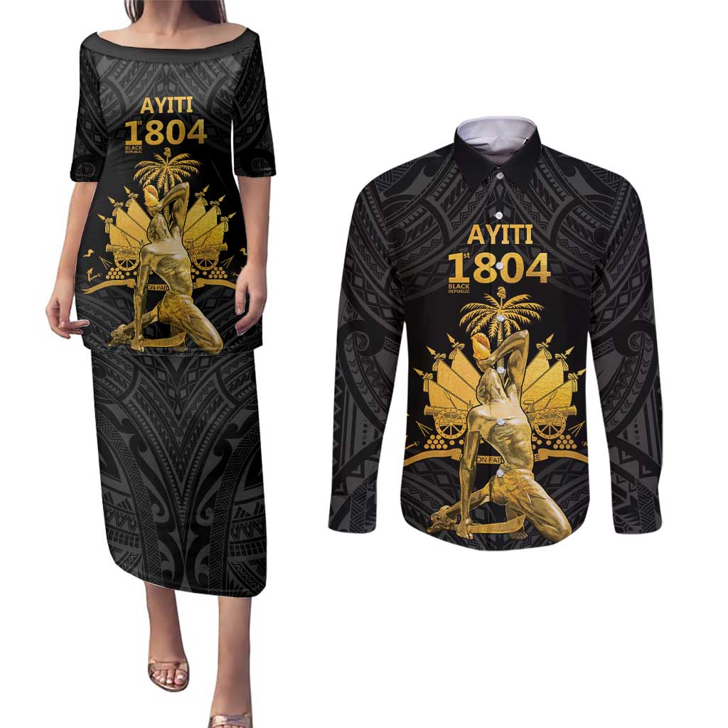 Haitian Negre Marron 1804 Couples Matching Puletasi and Long Sleeve Button Shirt Black Polynesian Pattern