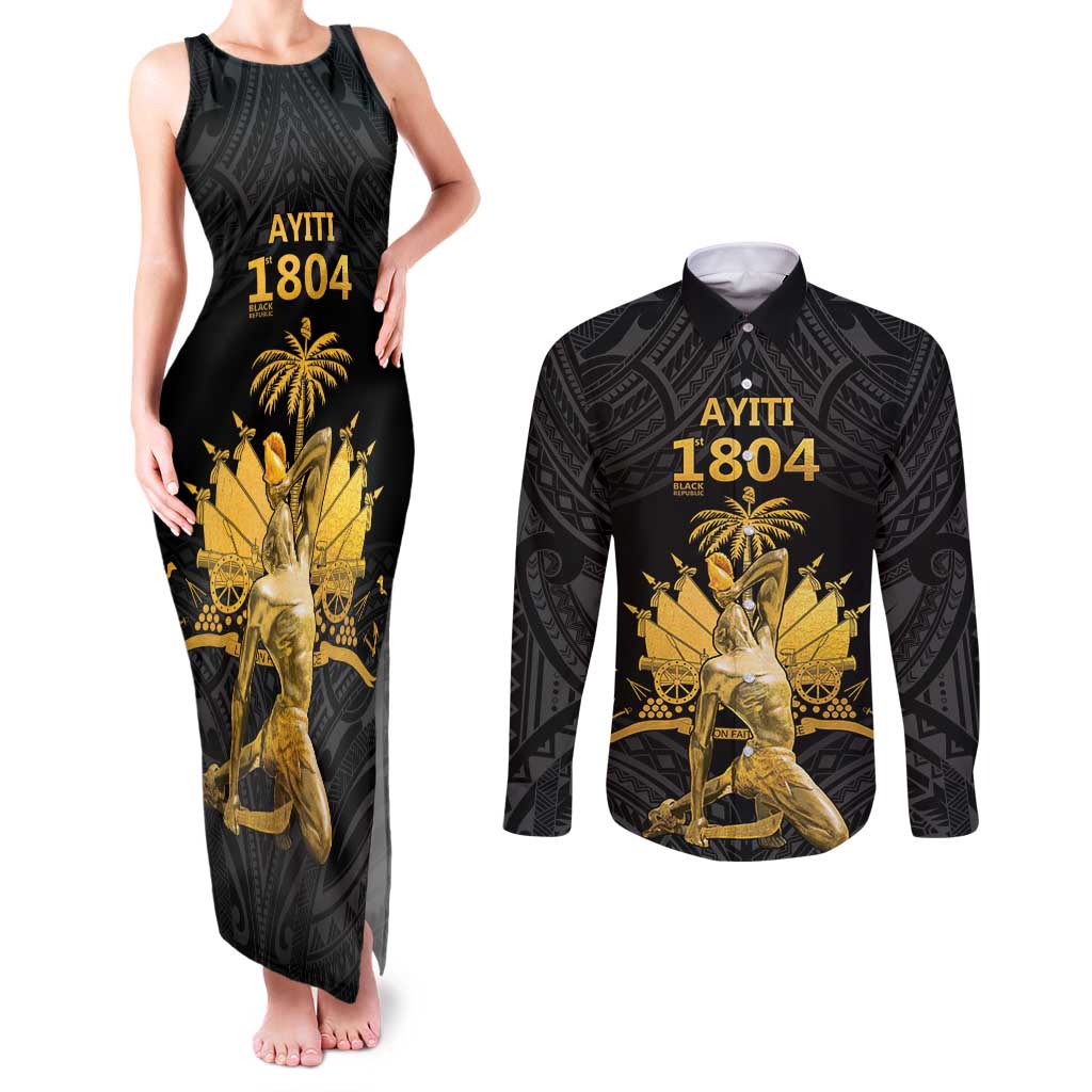 Haitian Negre Marron 1804 Couples Matching Tank Maxi Dress and Long Sleeve Button Shirt Black Polynesian Pattern LT9 Black - Polynesian Pride