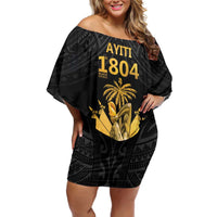 Haitian Negre Marron 1804 Family Matching Off Shoulder Short Dress and Hawaiian Shirt Black Polynesian Pattern