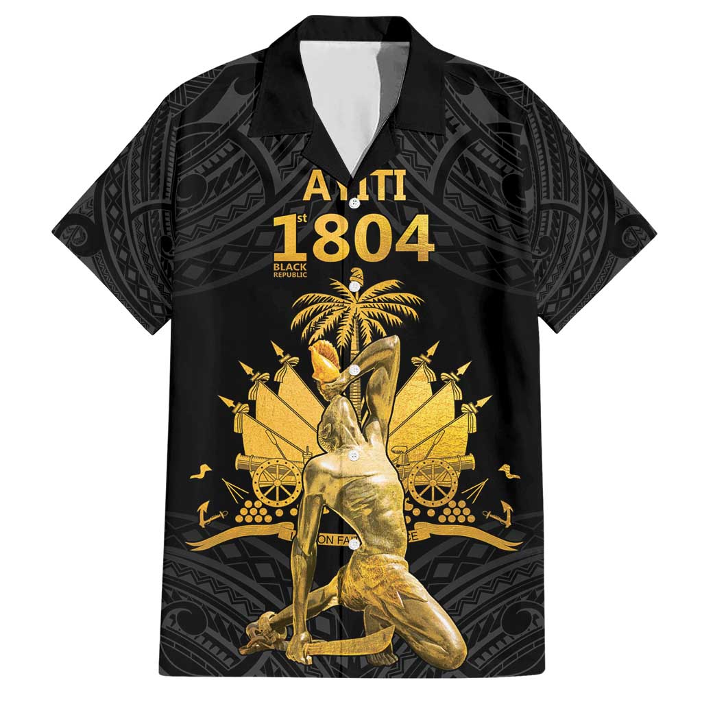 Haitian Negre Marron 1804 Family Matching Short Sleeve Bodycon Dress and Hawaiian Shirt Black Polynesian Pattern