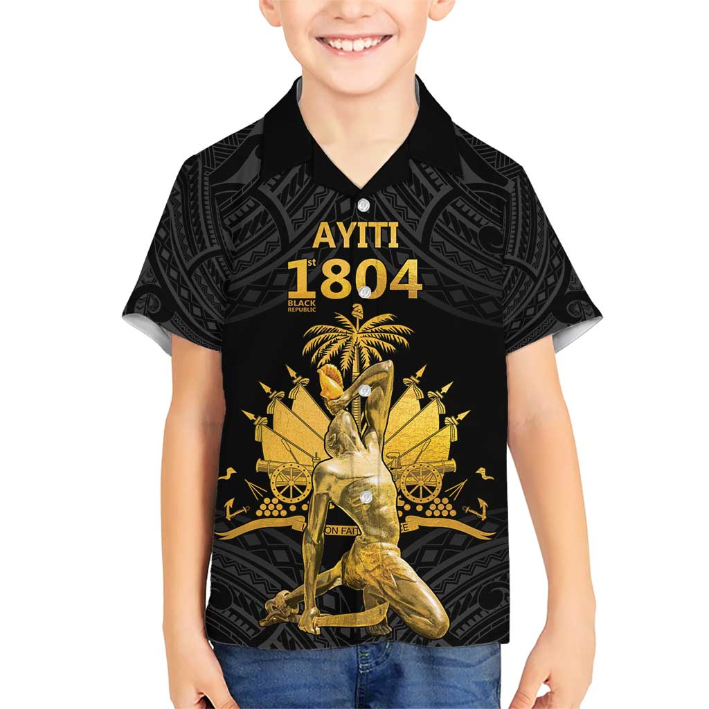 Haitian Negre Marron 1804 Family Matching Short Sleeve Bodycon Dress and Hawaiian Shirt Black Polynesian Pattern