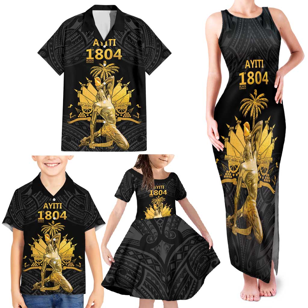 Haitian Negre Marron 1804 Family Matching Tank Maxi Dress and Hawaiian Shirt Black Polynesian Pattern