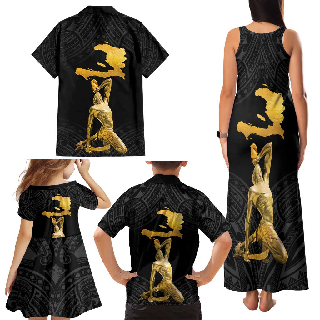 Haitian Negre Marron 1804 Family Matching Tank Maxi Dress and Hawaiian Shirt Black Polynesian Pattern