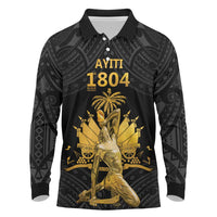 Haitian Negre Marron 1804 Long Sleeve Polo Shirt Black Polynesian Pattern