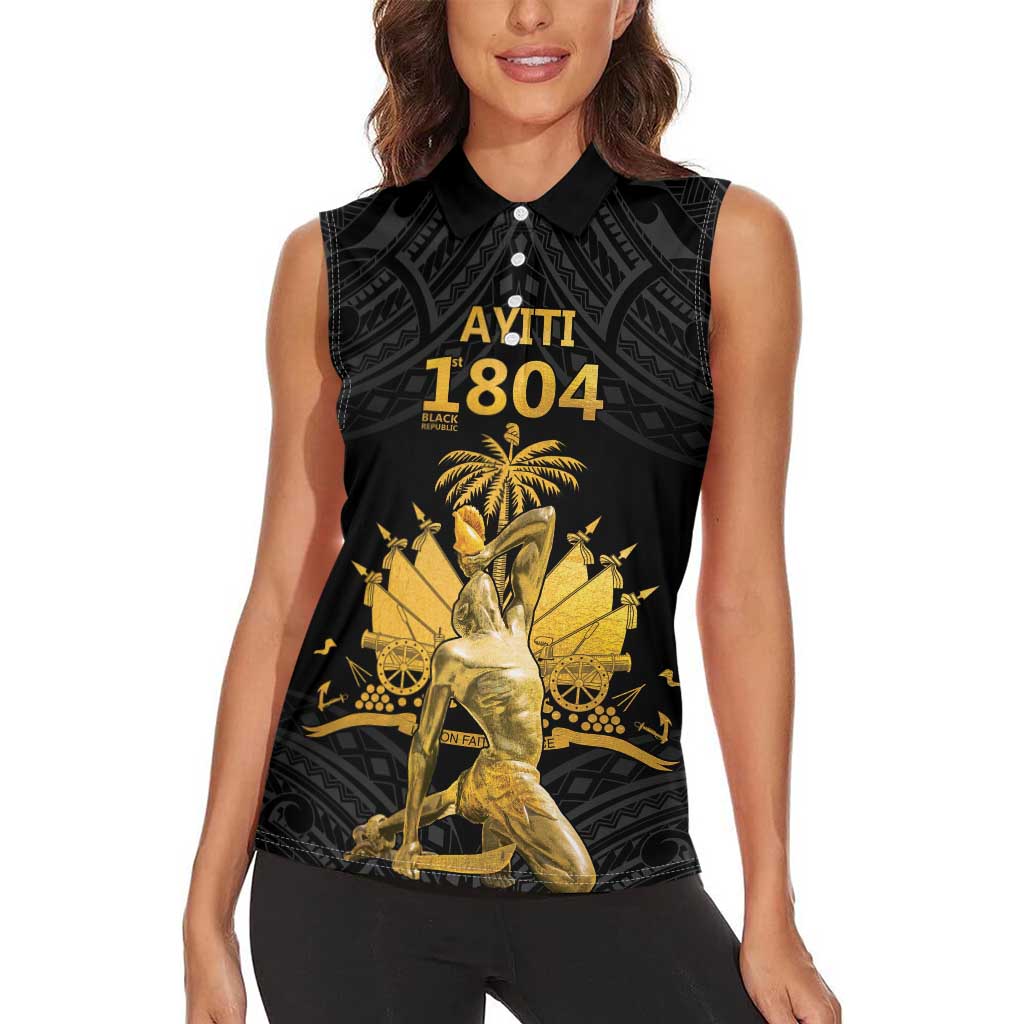 Haitian Negre Marron 1804 Women Sleeveless Polo Shirt Black Polynesian Pattern