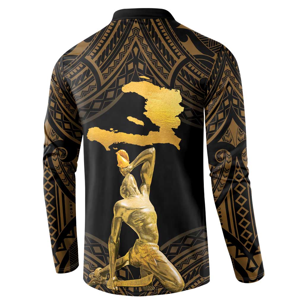 Haitian Negre Marron 1804 Button Sweatshirt Gold Polynesian Pattern