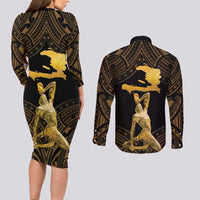 Haitian Negre Marron 1804 Couples Matching Long Sleeve Bodycon Dress and Long Sleeve Button Shirt Gold Polynesian Pattern