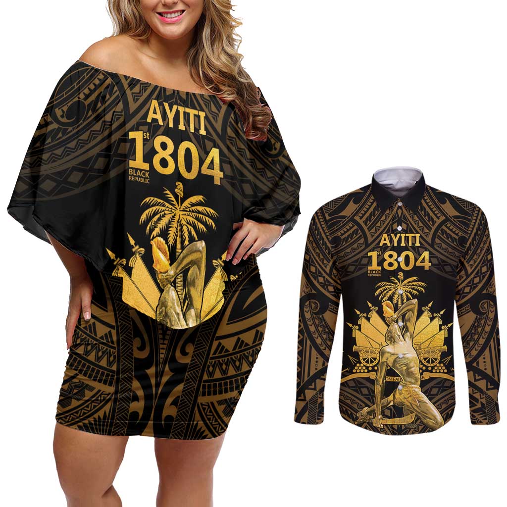 Haitian Negre Marron 1804 Couples Matching Off Shoulder Short Dress and Long Sleeve Button Shirt Gold Polynesian Pattern