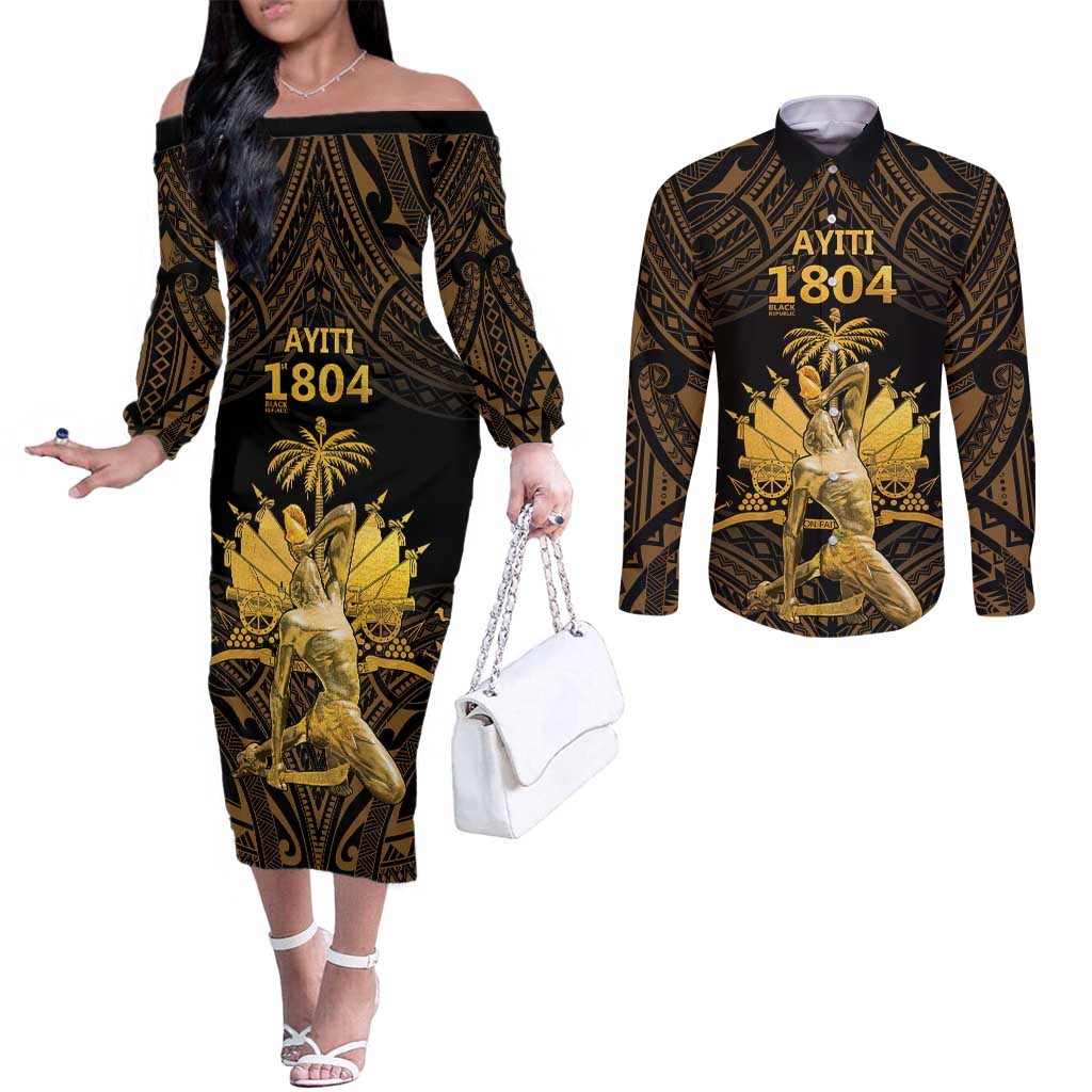 Haitian Negre Marron 1804 Couples Matching Off The Shoulder Long Sleeve Dress and Long Sleeve Button Shirt Gold Polynesian Pattern LT9 Gold - Polynesian Pride