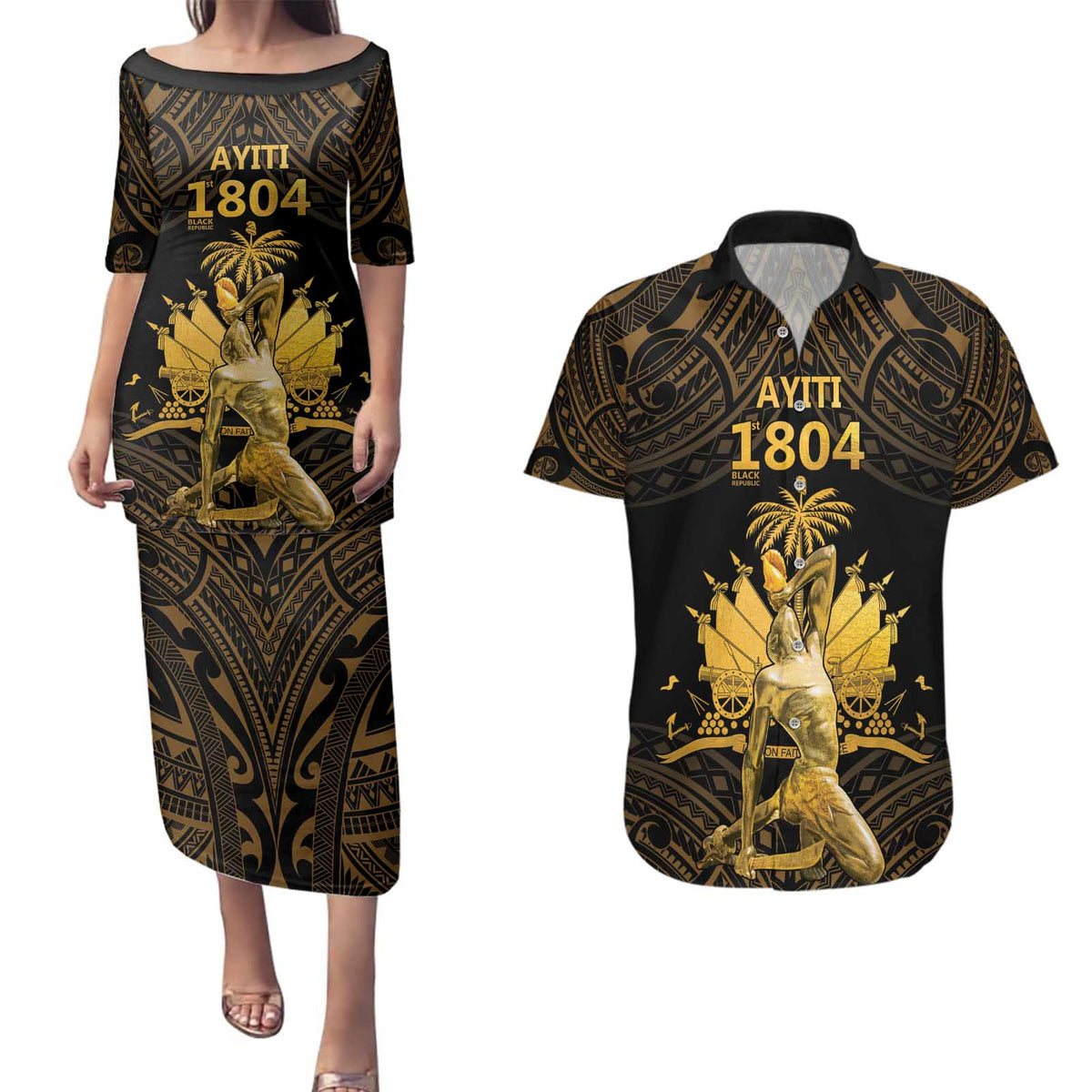 Haitian Negre Marron 1804 Couples Matching Puletasi and Hawaiian Shirt Gold Polynesian Pattern