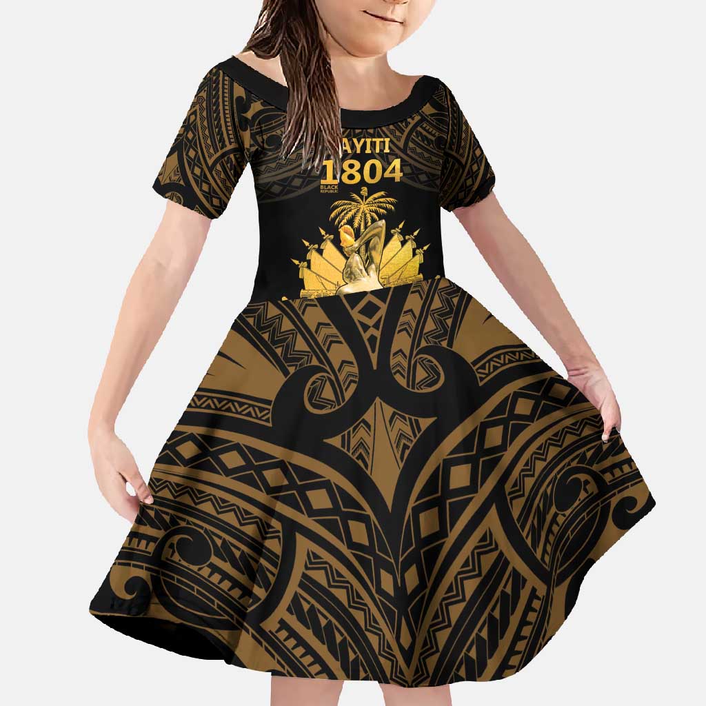 Haitian Negre Marron 1804 Family Matching Long Sleeve Bodycon Dress and Hawaiian Shirt Gold Polynesian Pattern