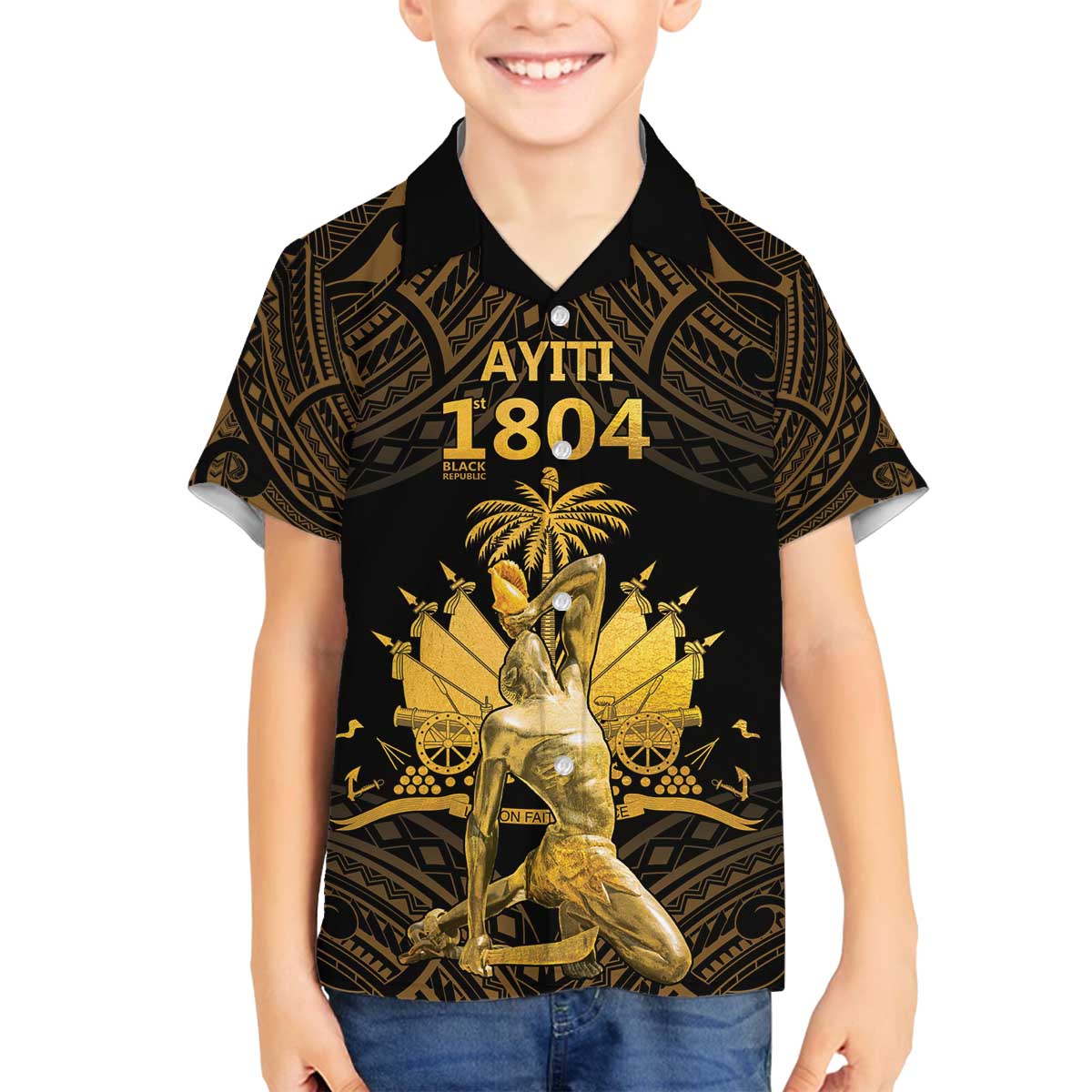 Haitian Negre Marron 1804 Family Matching Off The Shoulder Long Sleeve Dress and Hawaiian Shirt Gold Polynesian Pattern