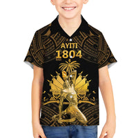 Haitian Negre Marron 1804 Family Matching Off The Shoulder Long Sleeve Dress and Hawaiian Shirt Gold Polynesian Pattern