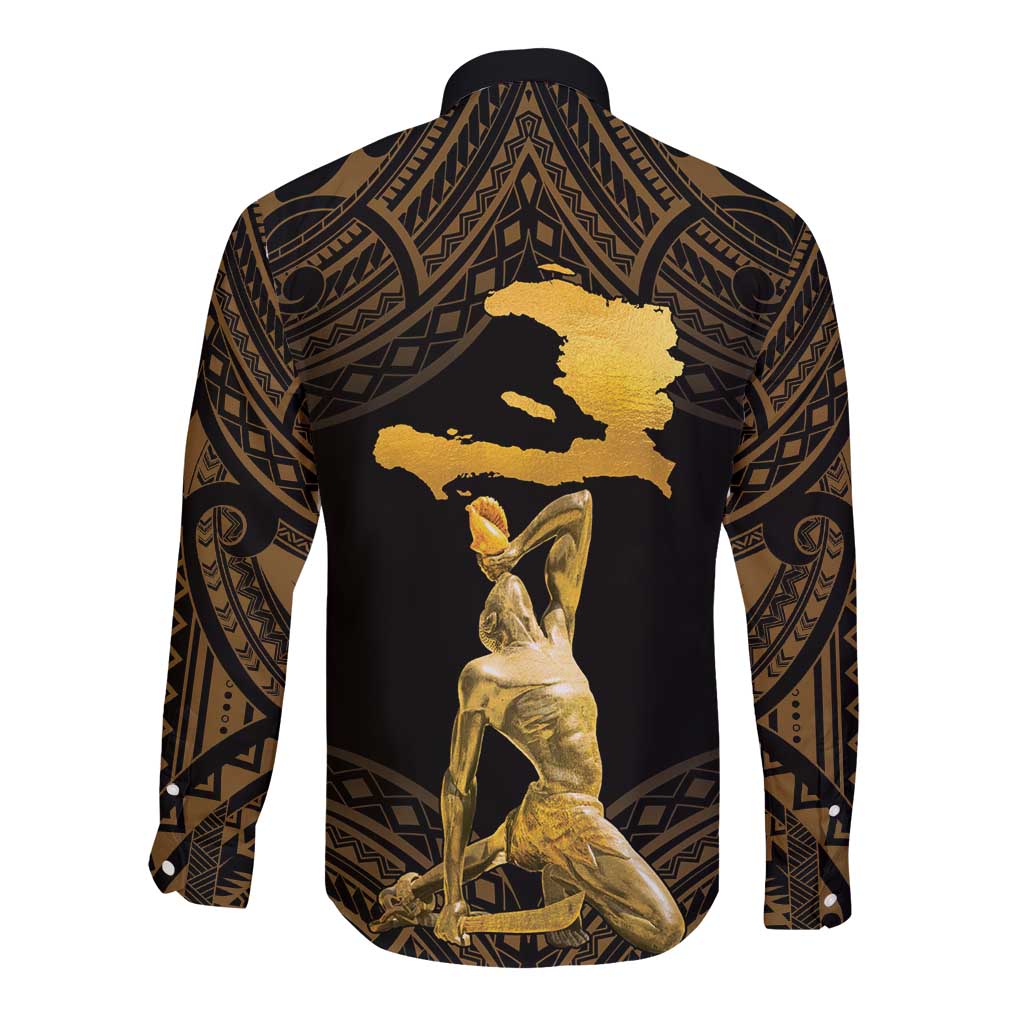 Haitian Negre Marron 1804 Long Sleeve Button Shirt Gold Polynesian Pattern