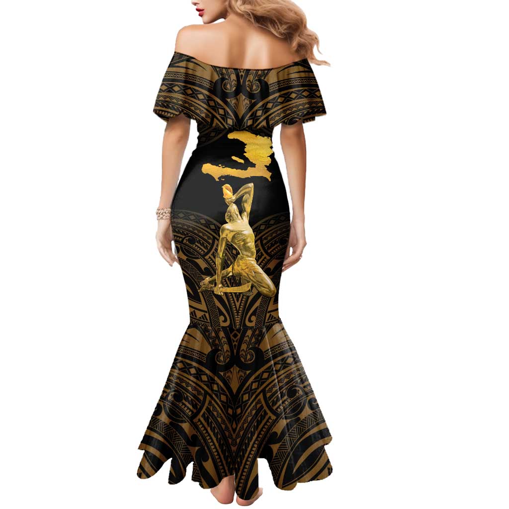 Haitian Negre Marron 1804 Mermaid Dress Gold Polynesian Pattern