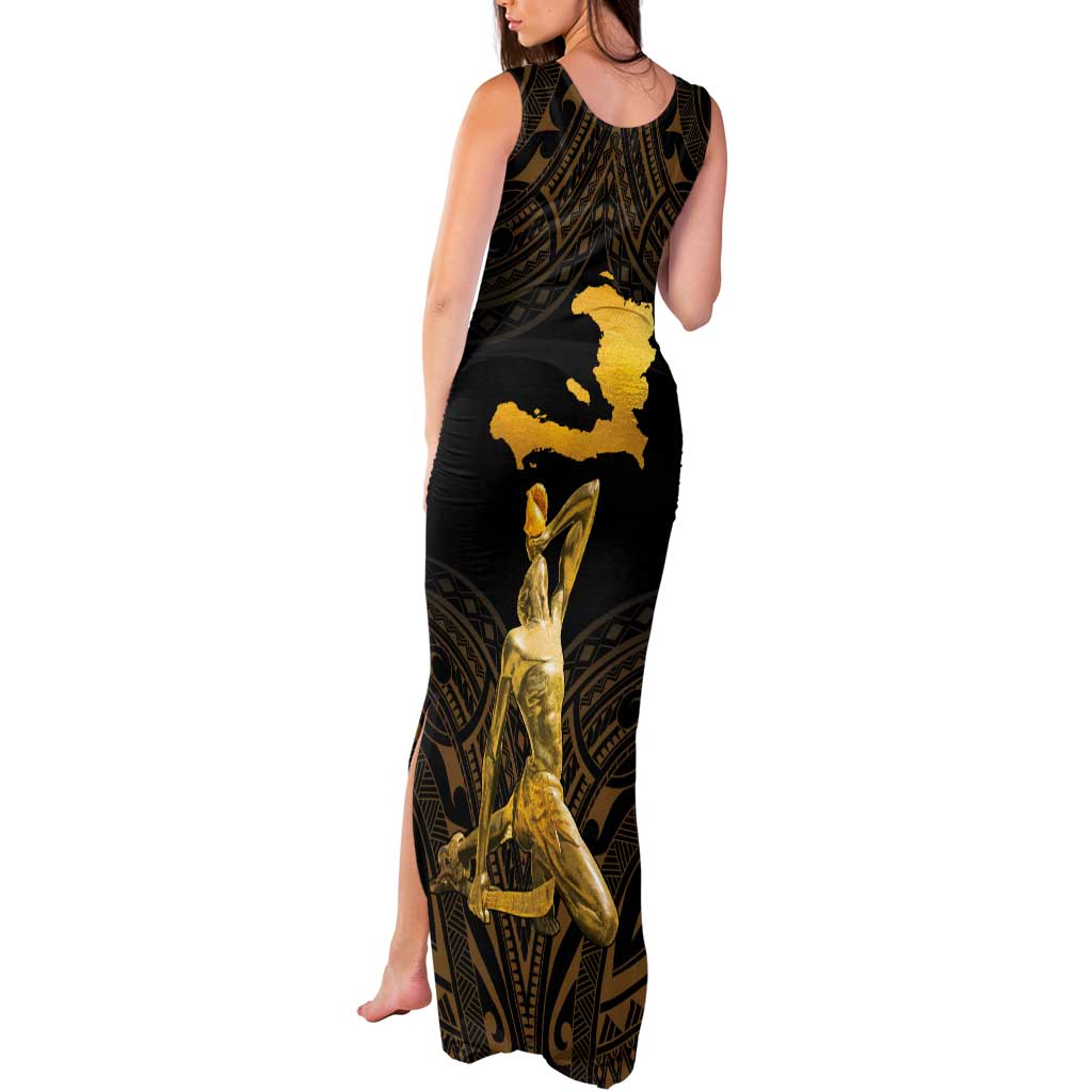Haitian Negre Marron 1804 Tank Maxi Dress Gold Polynesian Pattern