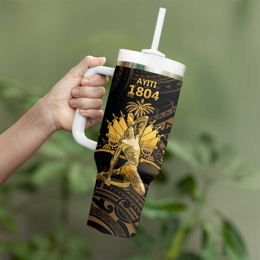 Haitian Negre Marron 1804 Tumbler With Handle Gold Polynesian Pattern