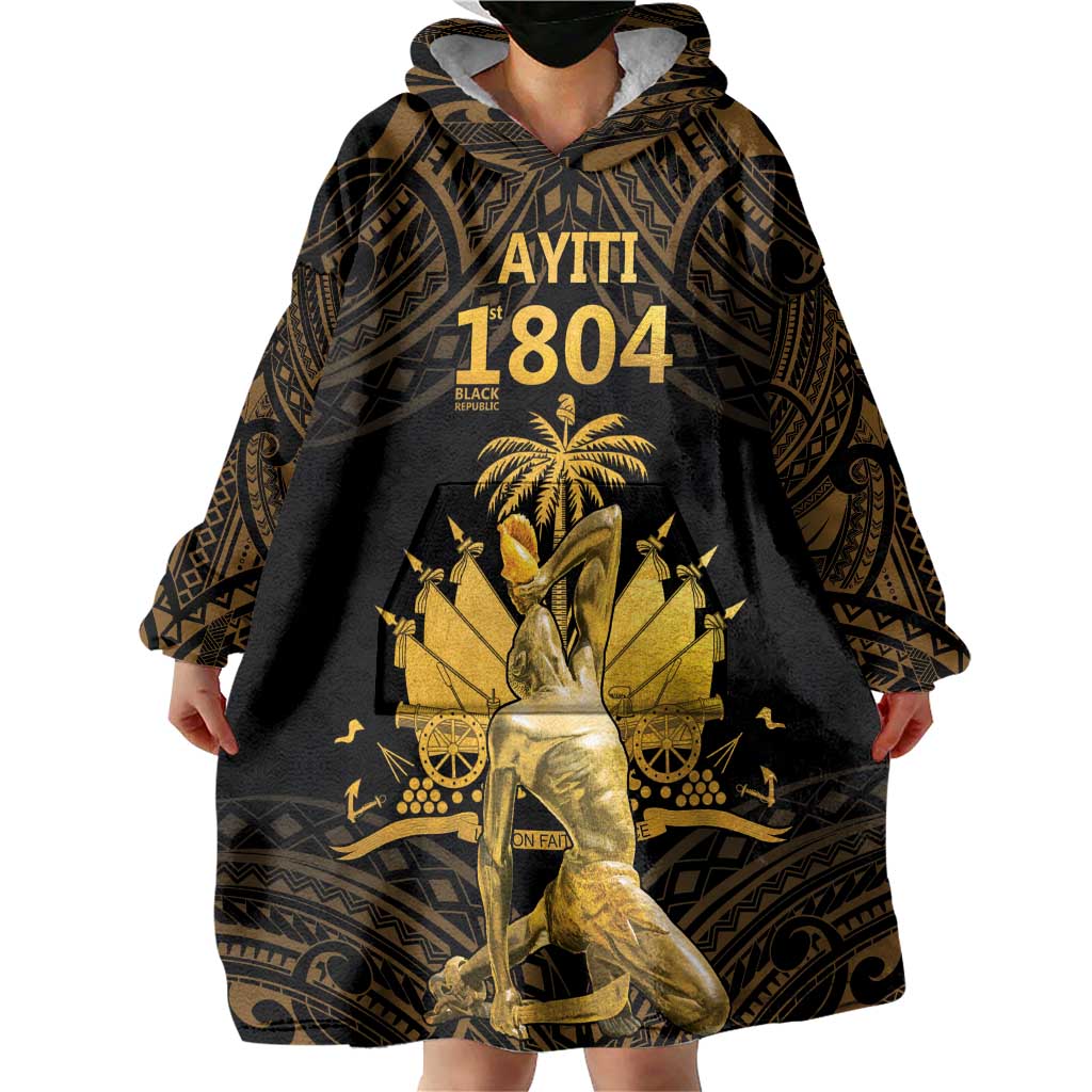 Haitian Negre Marron 1804 Wearable Blanket Hoodie Gold Polynesian Pattern