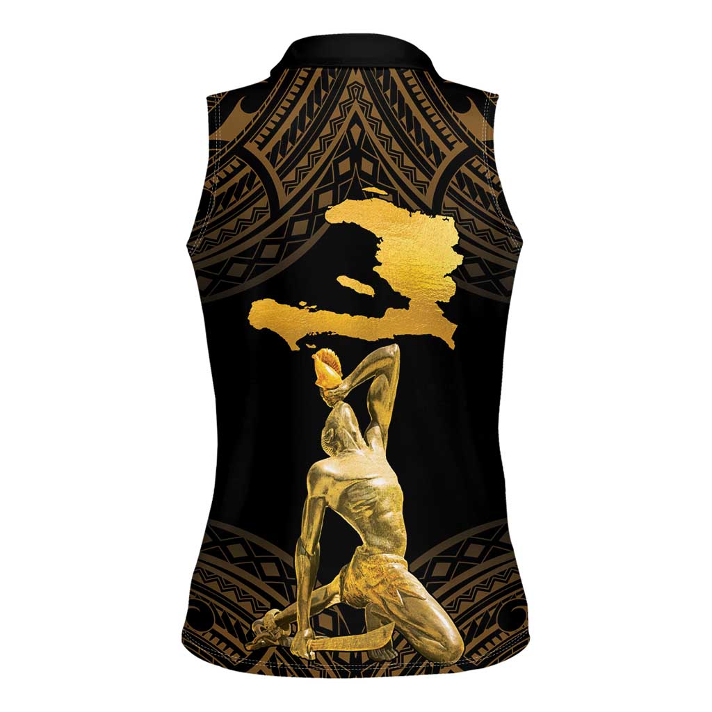 Haitian Negre Marron 1804 Women Sleeveless Polo Shirt Gold Polynesian Pattern