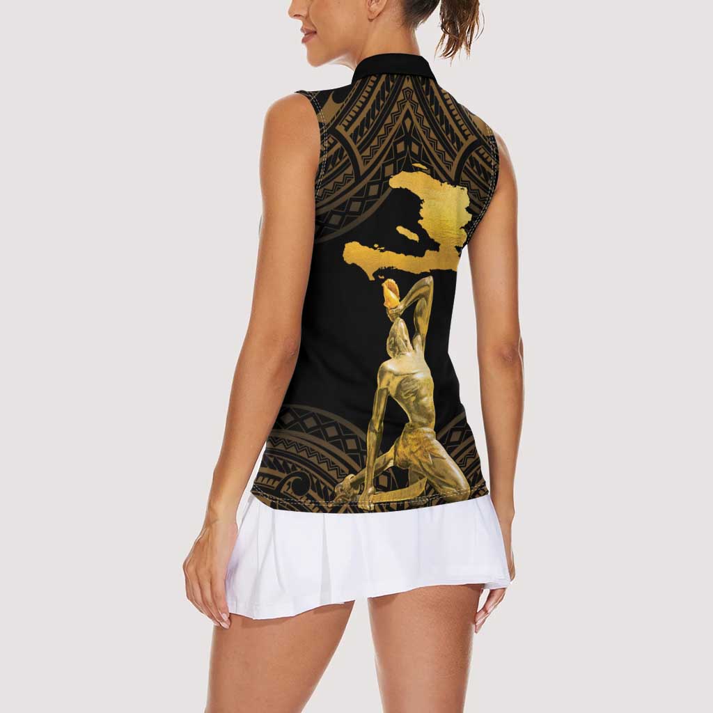 Haitian Negre Marron 1804 Women Sleeveless Polo Shirt Gold Polynesian Pattern