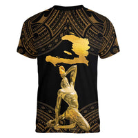 Haitian Negre Marron 1804 Women V-Neck T-Shirt Gold Polynesian Pattern