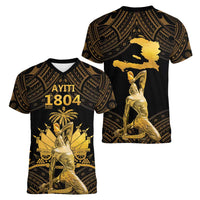 Haitian Negre Marron 1804 Women V-Neck T-Shirt Gold Polynesian Pattern
