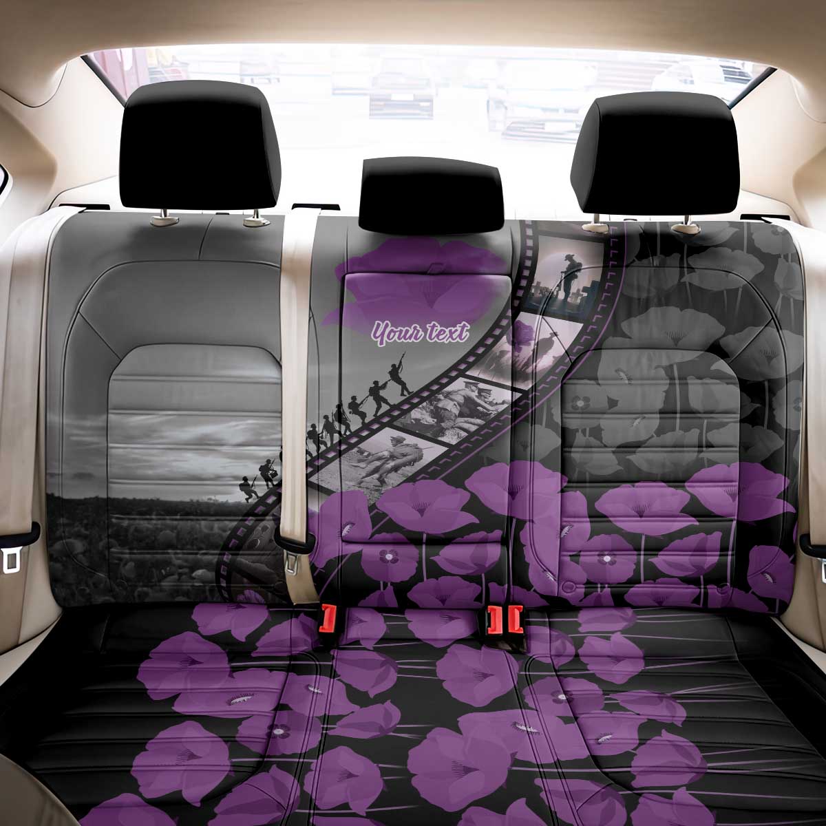 Personalised Remembering ANZAC Lest We Forget Back Car Seat Cover Vintage Film Frame Memorial Purple Poppy LT9 - Polynesian Pride