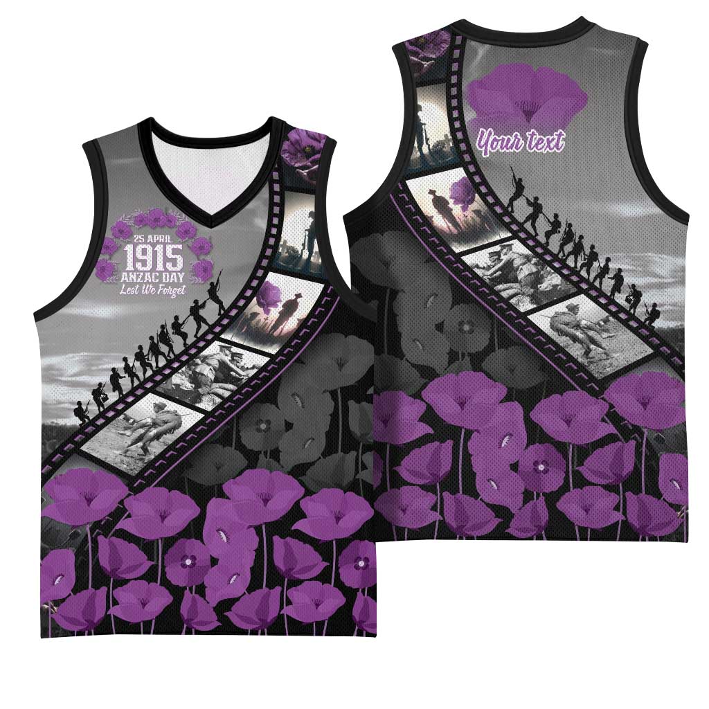 Personalised Remembering ANZAC Lest We Forget Basketball Jersey Vintage Film Frame Memorial Purple Poppy LT9 - Polynesian Pride