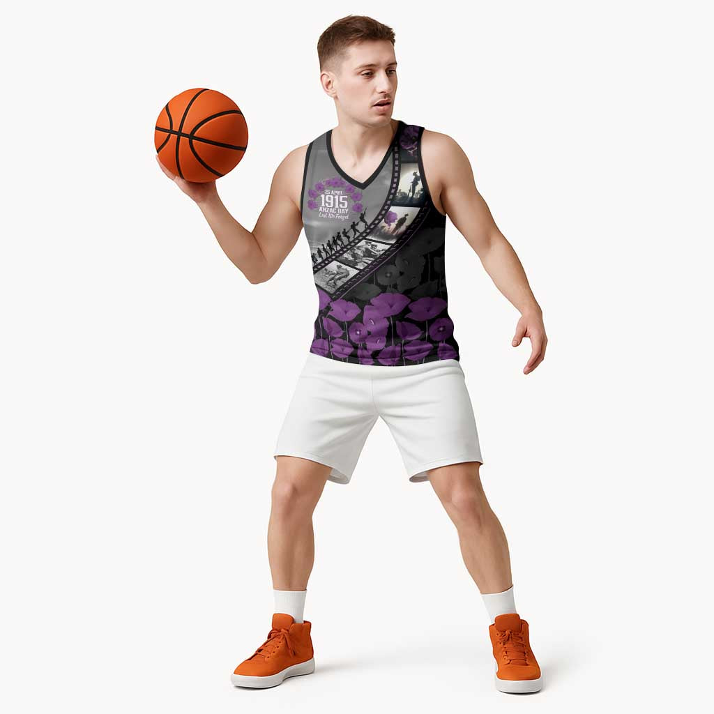 Personalised Remembering ANZAC Lest We Forget Basketball Jersey Vintage Film Frame Memorial Purple Poppy LT9 - Polynesian Pride