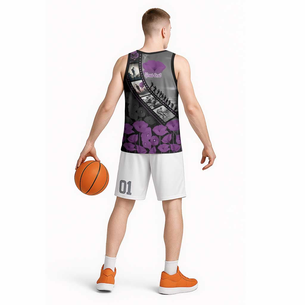 Personalised Remembering ANZAC Lest We Forget Basketball Jersey Vintage Film Frame Memorial Purple Poppy LT9 - Polynesian Pride