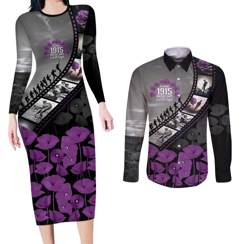 Personalised Remembering ANZAC Lest We Forget Couples Matching Long Sleeve Bodycon Dress and Long Sleeve Button Shirt Vintage Film Frame Memorial Purple Poppy