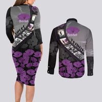 Personalised Remembering ANZAC Lest We Forget Couples Matching Long Sleeve Bodycon Dress and Long Sleeve Button Shirt Vintage Film Frame Memorial Purple Poppy