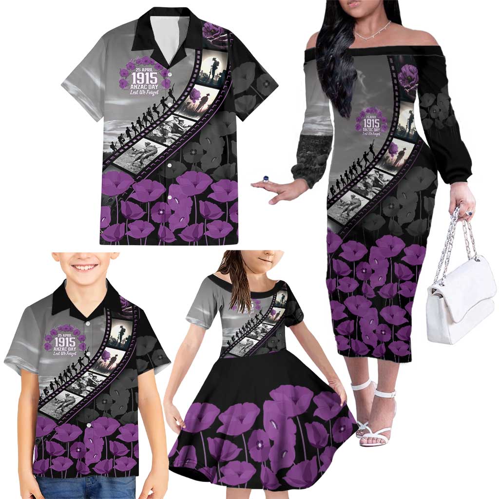 Personalised Remembering ANZAC Lest We Forget Family Matching Off The Shoulder Long Sleeve Dress and Hawaiian Shirt Vintage Film Frame Memorial Purple Poppy