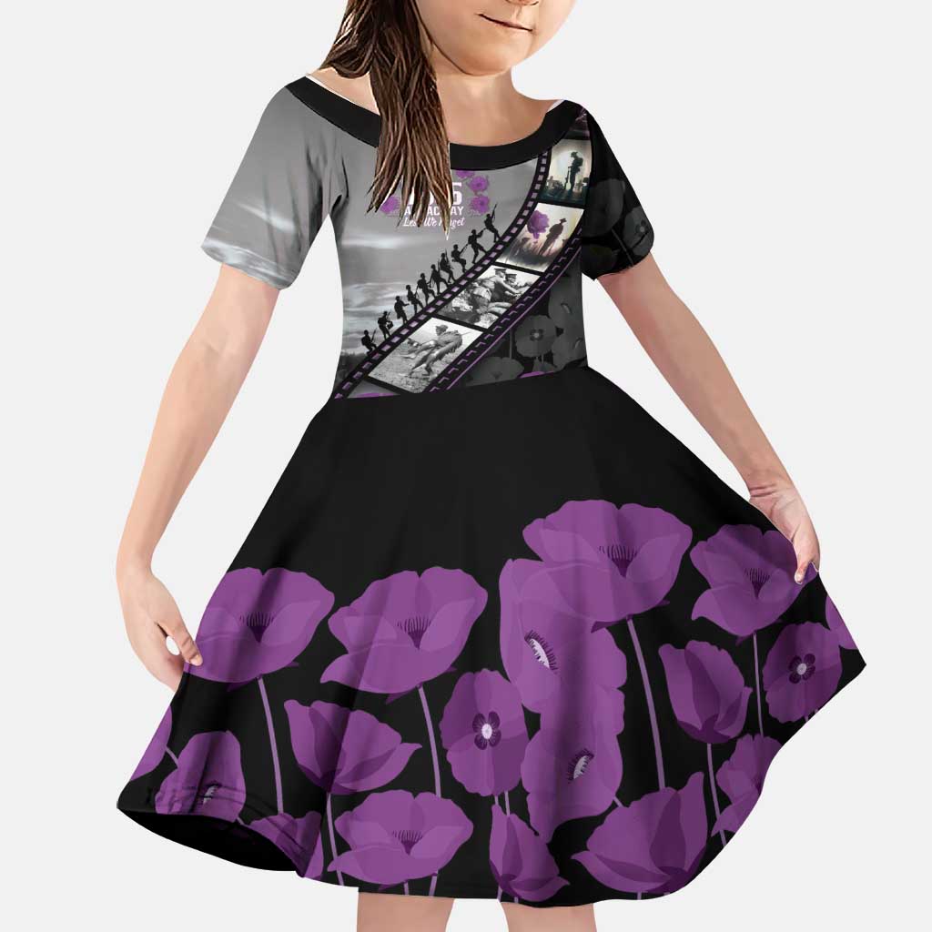 Personalised Remembering ANZAC Lest We Forget Family Matching Puletasi and Hawaiian Shirt Vintage Film Frame Memorial Purple Poppy LT9 Daughter's Dress Purple - Polynesian Pride