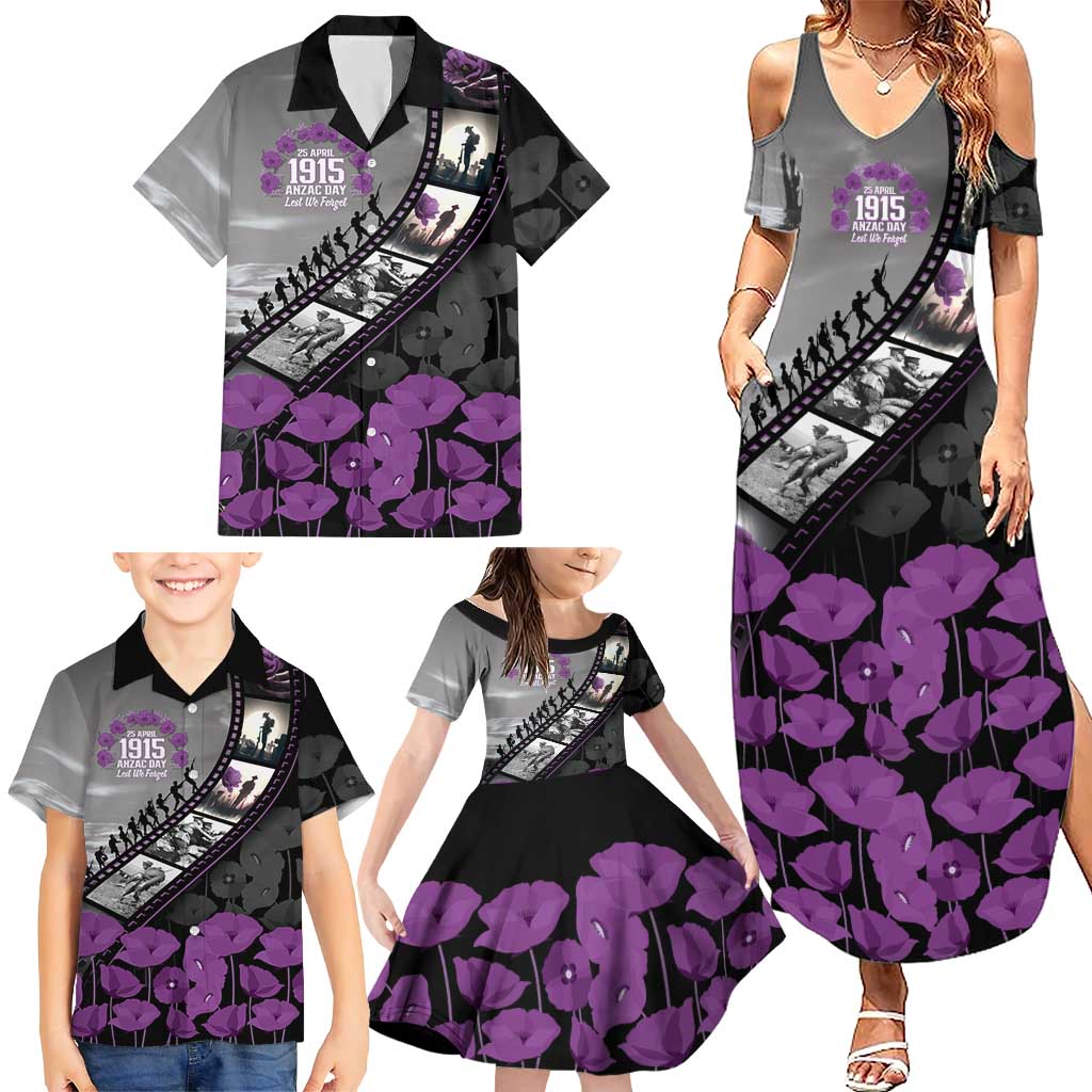 Personalised Remembering ANZAC Lest We Forget Family Matching Summer Maxi Dress and Hawaiian Shirt Vintage Film Frame Memorial Purple Poppy