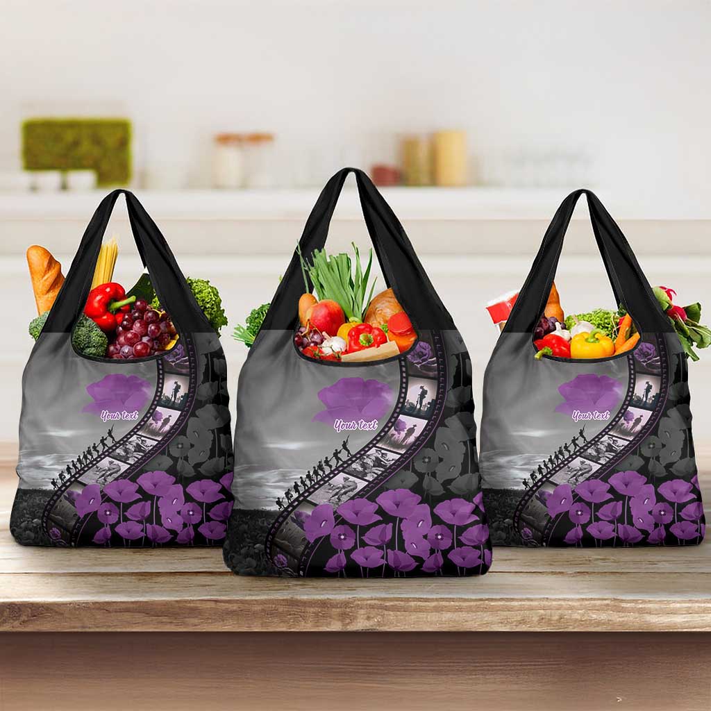 Personalised Remembering ANZAC Lest We Forget Grocery Bag Vintage Film Frame Memorial Purple Poppy